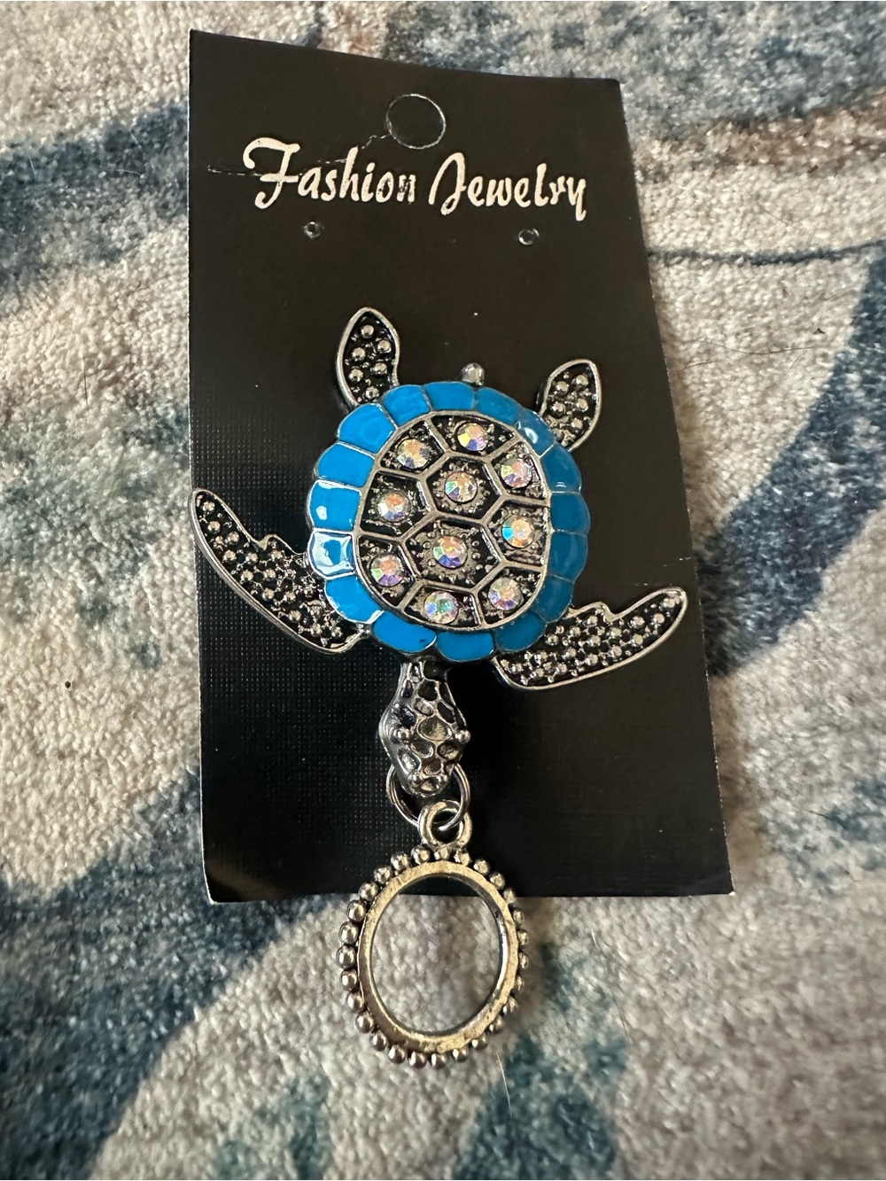 Magnetic Badge Holder Jewelry Turquoise Blue Turtle Brooch Crystal